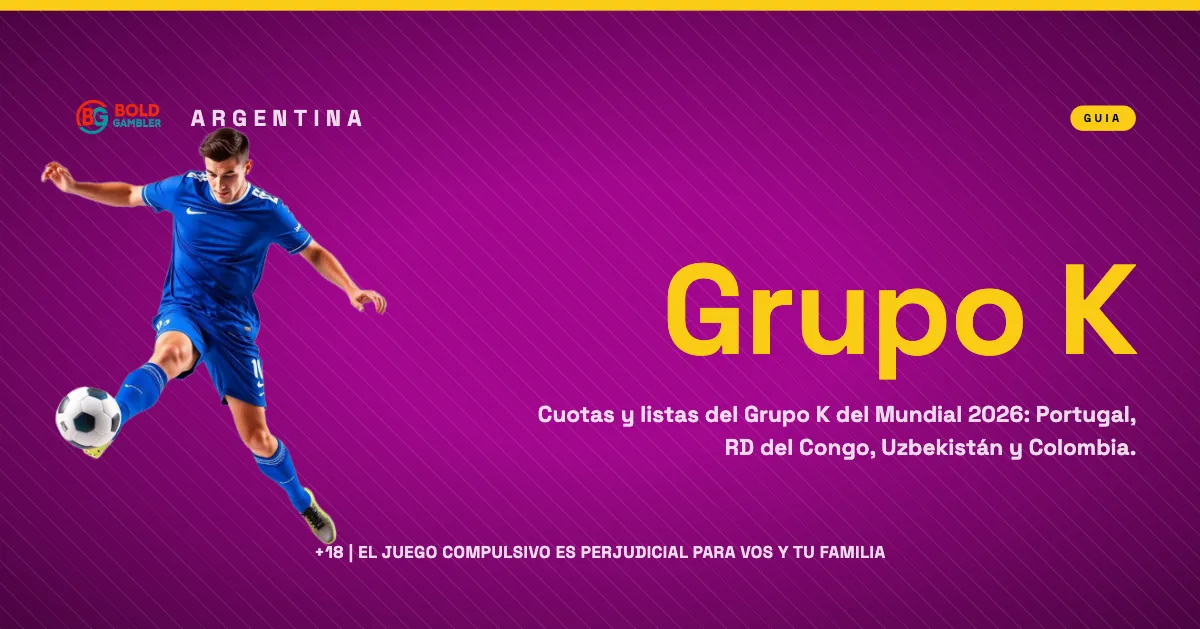 Gráfico con cuotas y selecciones del Grupo K del Mundial 2026: Portugal, RD del Congo, Uzbekistán y Colombia.