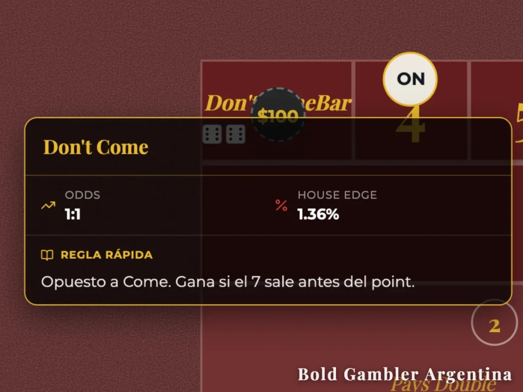 Detalle de la apuesta Don't Come en una mesa de Craps con una ficha de $100 y el panel informativo de reglas.