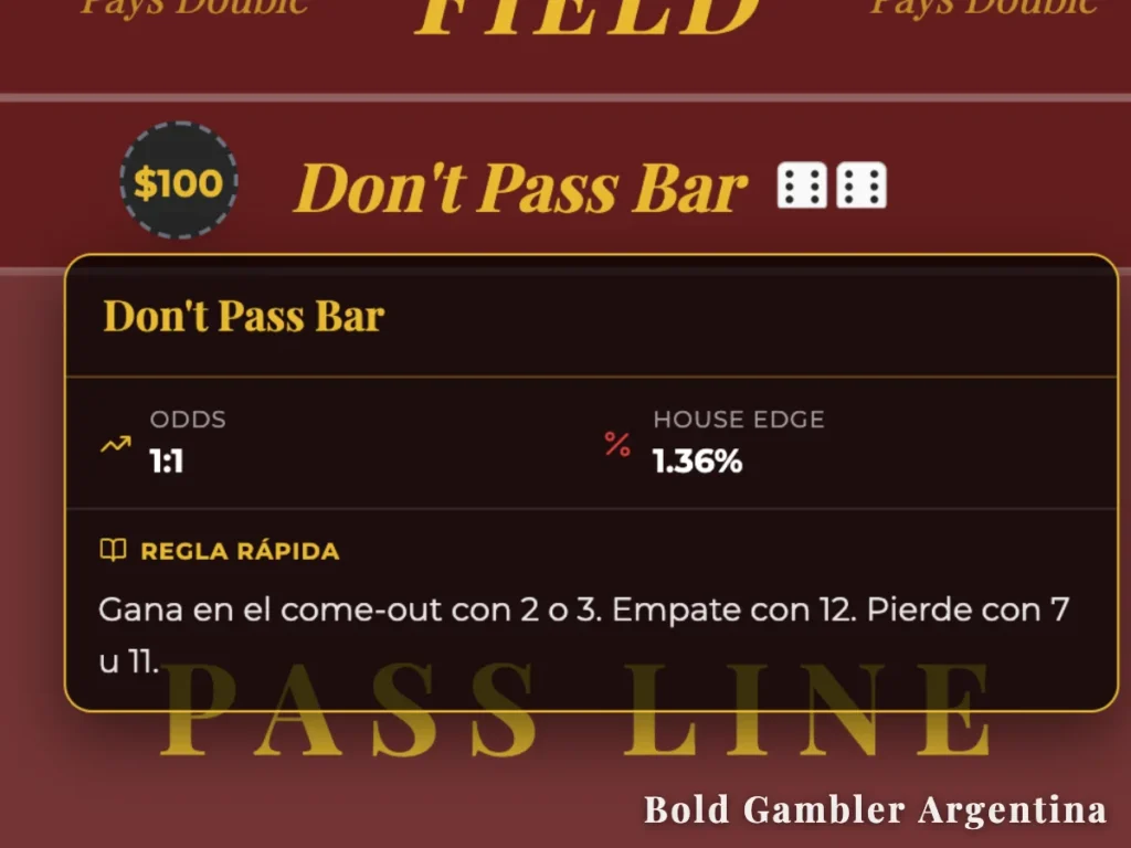 Detalle de la sección Don't Pass Bar en una mesa de Craps mostrando una apuesta de $100 y el panel de reglas rápidas.