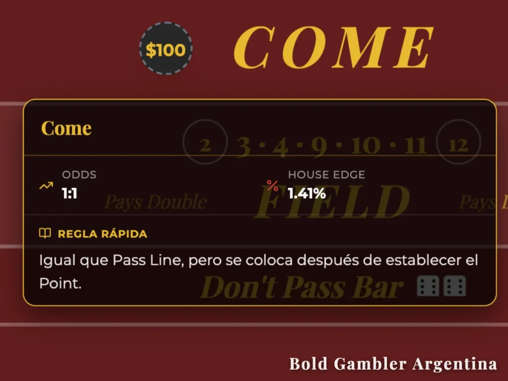 Detalle de la casilla "COME" en la mesa de Craps con una ficha de $100 y una ventana explicativa de la regla rápida en español.