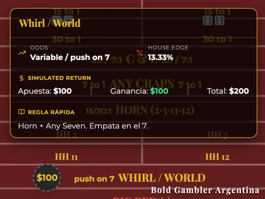 Panel de información de la apuesta "Whirl / World" en la mesa de dados sobre una ficha de $100, indicando que empata con el número 7.