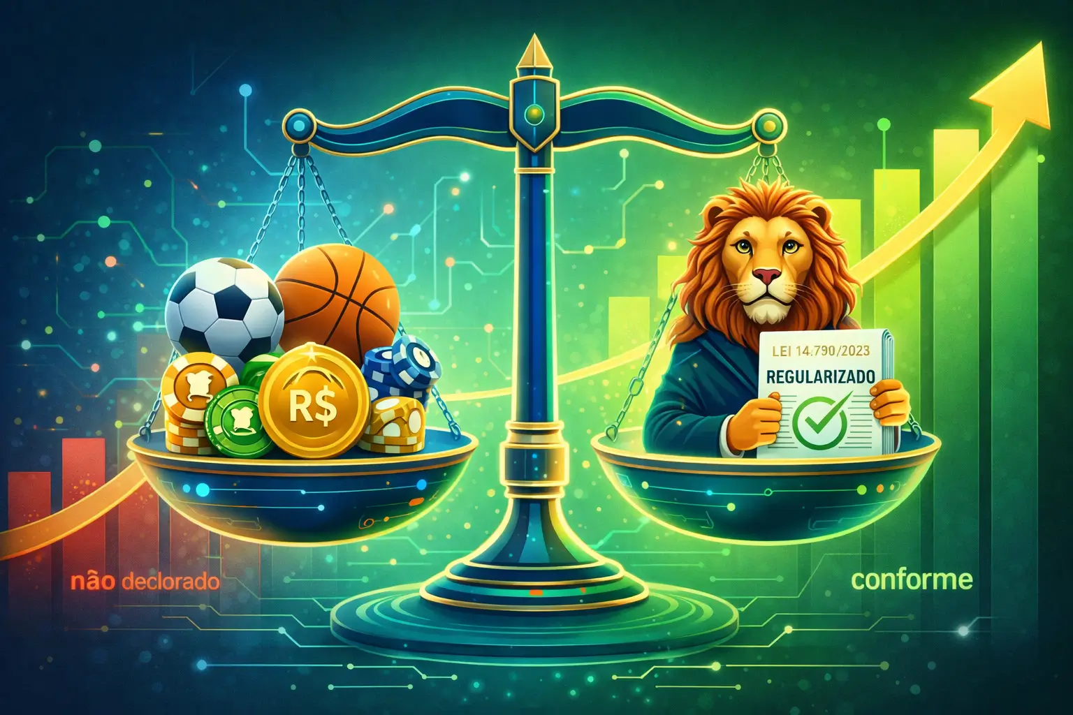 Ilustração conceitual do Leão da Receita Federal ao lado de ícones de apostas esportivas e o texto da Lei 14.790/2023 sobre conformidade fiscal.
