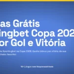 Banner azul da promoção Sportingbet para a Copa do Mundo 2026 oferecendo Apostas Grátis de R$ 5 por gol e vitória no torneio.