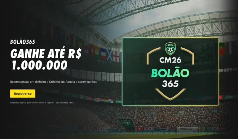 Banner oficial do Bolão365 da bet365 para a Copa do Mundo 2026 destacando prêmio de até R$ 1.000.000, botão de registre-se e logotipo CM26 Bolão 365 em um estádio de futebol lotado.