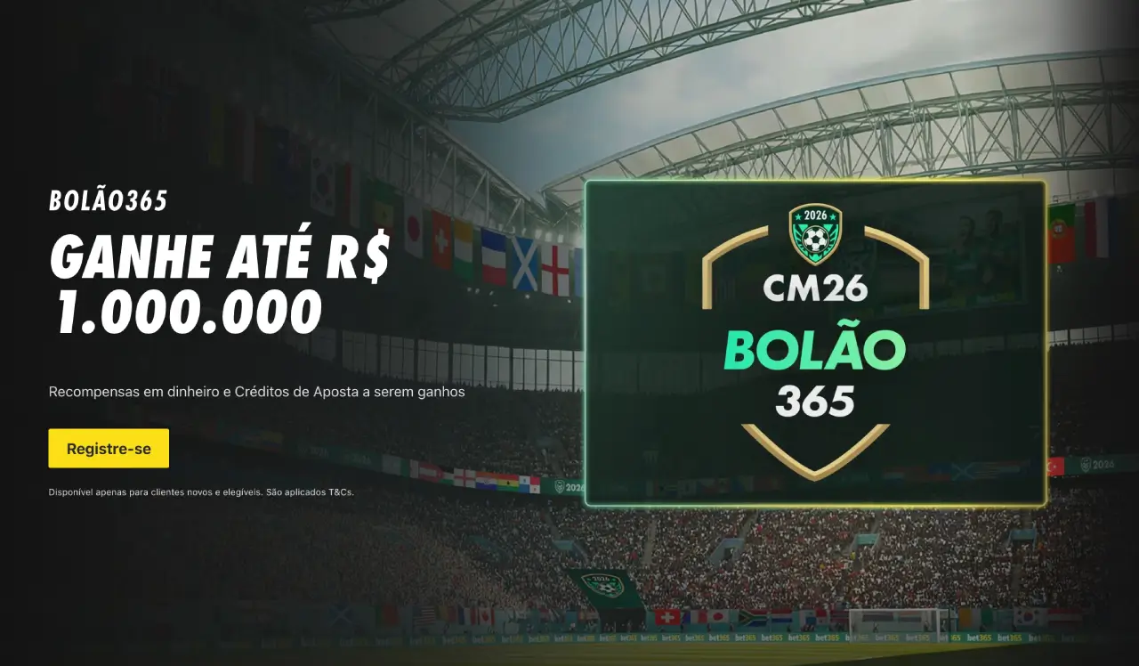 Banner oficial do Bolão365 da bet365 para a Copa do Mundo 2026 destacando prêmio de até R$ 1.000.000, botão de registre-se e logotipo CM26 Bolão 365 em um estádio de futebol lotado.
