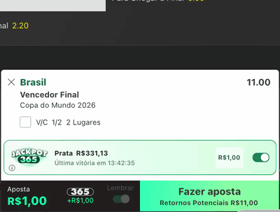 Gravação de tela do cupom da bet365 mostrando uma aposta na Copa do Mundo e o giro de roleta do recurso Jackpot365.