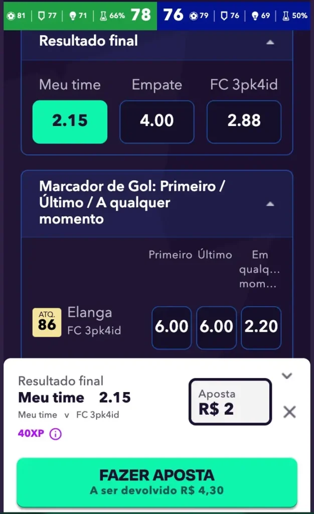Interface de apostas sob demanda do Seleção365 exibindo cotações para resultado final e um boletim de aposta em dinheiro real.