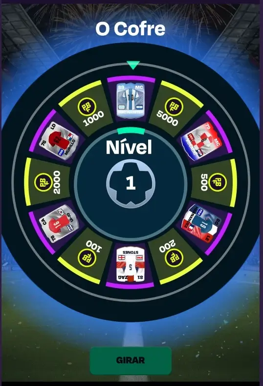 Roleta de prêmios O Cofre no jogo Seleção365 contendo recompensas variadas como Moedas PBF e cartas de jogadores de futebol.