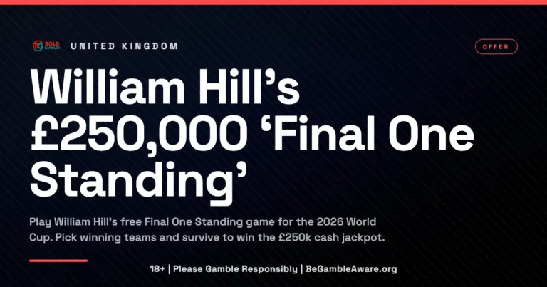 Promotional card for William Hill’s free-to-play World Cup 2026 predictor game, featuring the text "William Hill’s £250,000 ‘Final One Standing’" on a dark background with the Bold Gambler logo and a responsible gambling reminder.