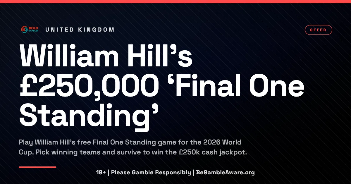 Promotional card for William Hill’s free-to-play World Cup 2026 predictor game, featuring the text "William Hill’s £250,000 ‘Final One Standing’" on a dark background with the Bold Gambler logo and a responsible gambling reminder.