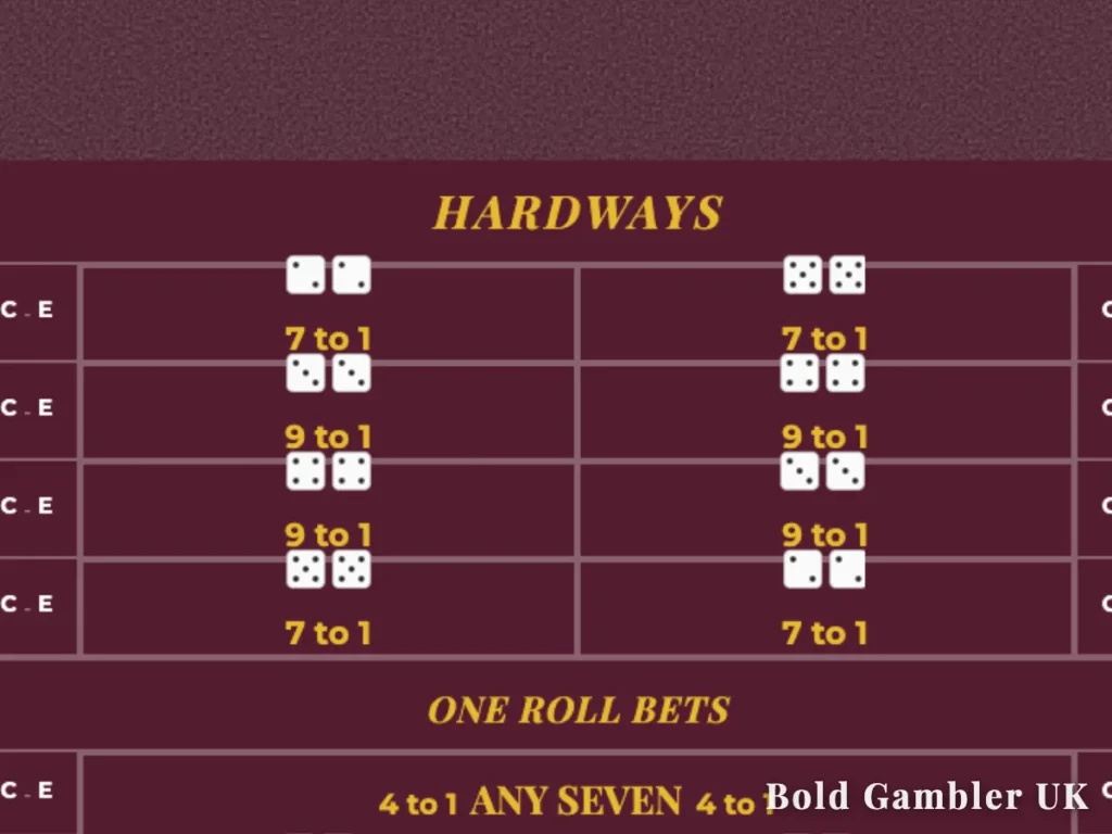 Close-up of the Hardways betting section on a maroon craps table layout, displaying the dice pairs and payouts of 7 to 1 and 9 to 1.