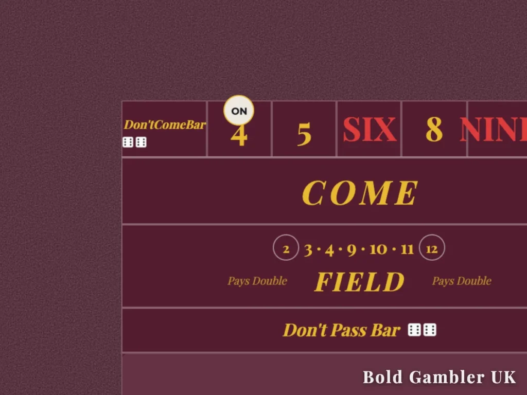 Close-up of a maroon craps table layout with the white plastic puck showing the ON side placed directly over the number 4.
