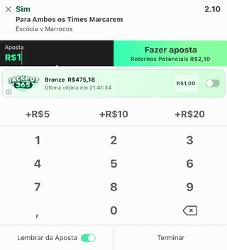 Mobile screen recording of a bet365 sports betslip showing the activation of the Jackpot365 feature and the subsequent 3-reel slot spin mechanic.