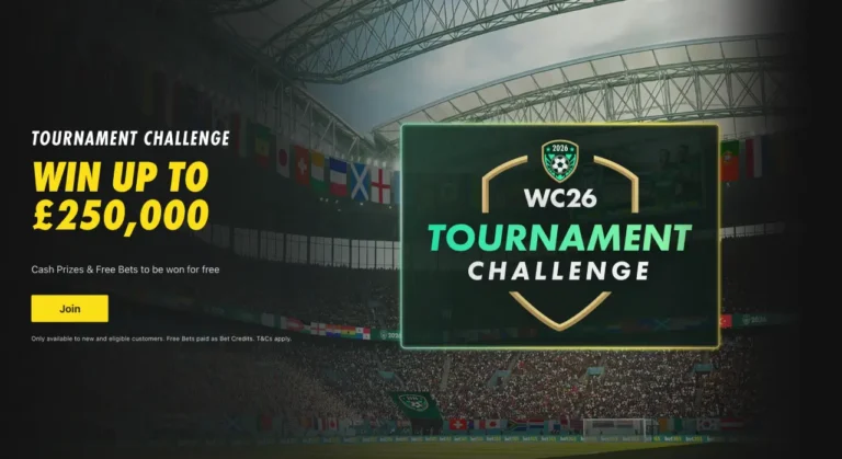 Promotional banner for the free bet365 WC26 Tournament Challenge offering up to £250,000 in cash prizes.