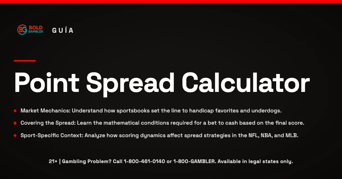 Educational infographic explaining how the point spread works in American sports betting, featuring practical examples for the NFL, NBA, and MLB.